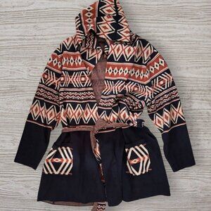 Rachel Zoe Aztec Southwest Print Hooded Cardigan Sweater Boho Belted Tribal 2X